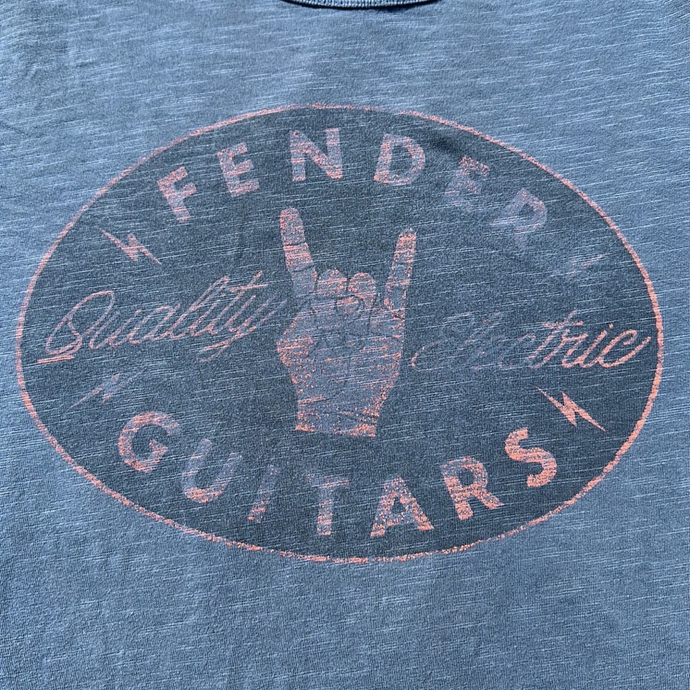 Lucky Brand x Fender graphic Tee bluish grey with black and orange logo size M - Picture 2 of 7